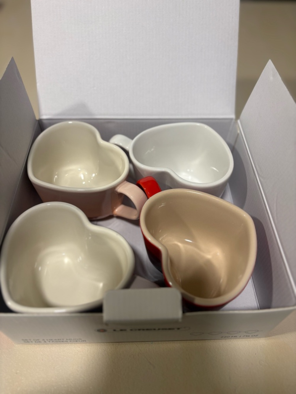 Le Creuset Heart Mugs Set in White, Red, Blush Pink, and Peach